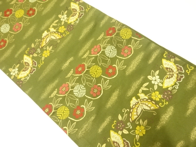 アンティーク　花・蝶模様織り出し袋帯(材料)